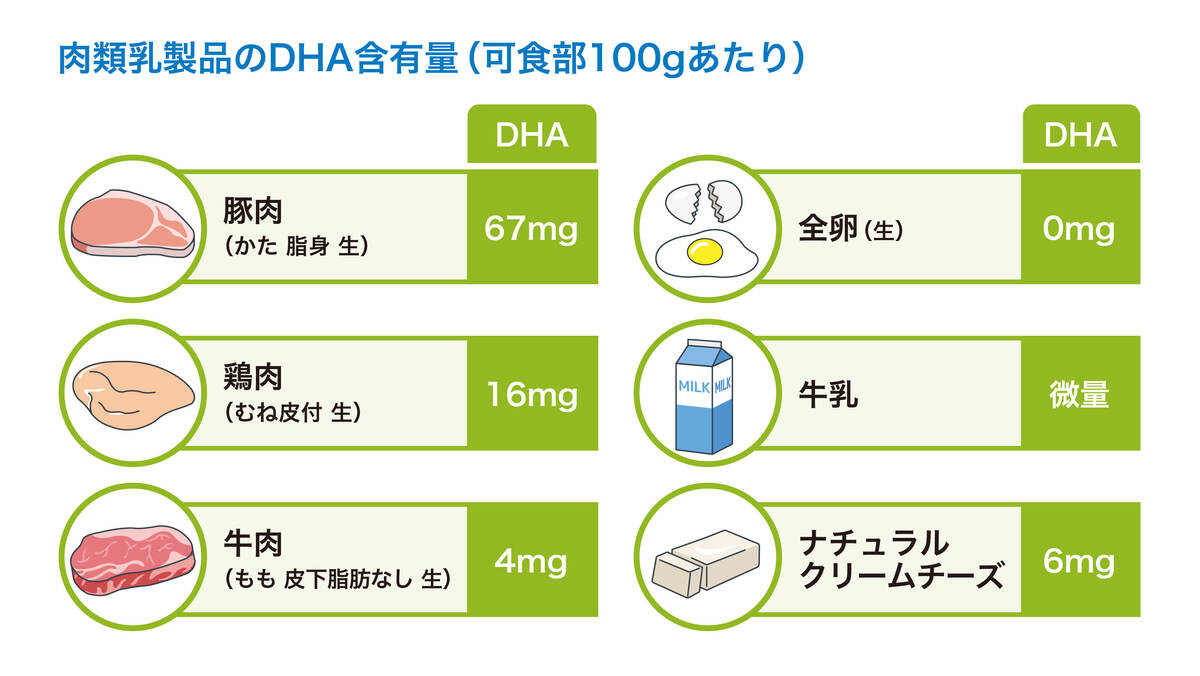 肉類乳製品のDHA含有量(可食部100gあたり)